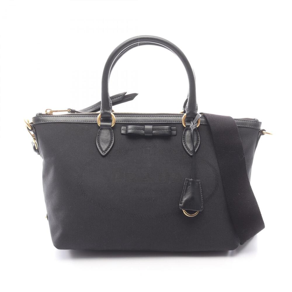 Prada JACQUARD Handbag Canvas Leather Black